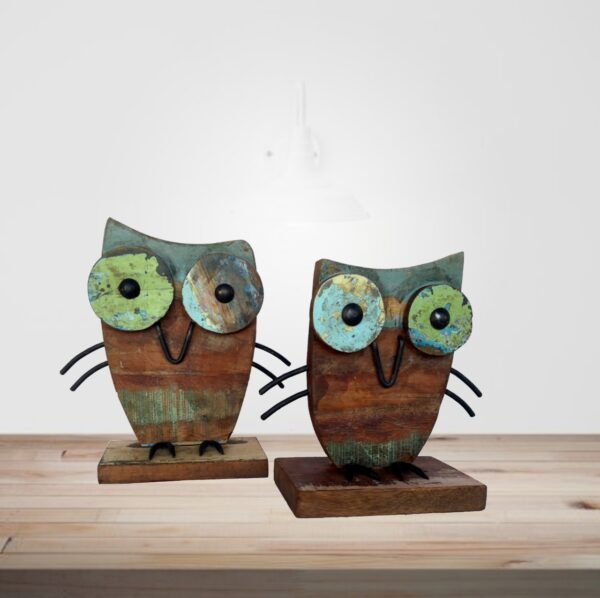 Recycled Scrap Wood Iron Owl Set Of Two Piece