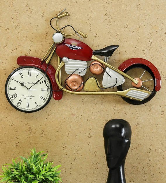 Motorcycle Wall Art With Clock Handpainted At Best - Wrought Iron Wall Decor India