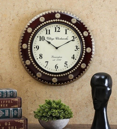 Brown Brass Antique Round Analog Wall Clock