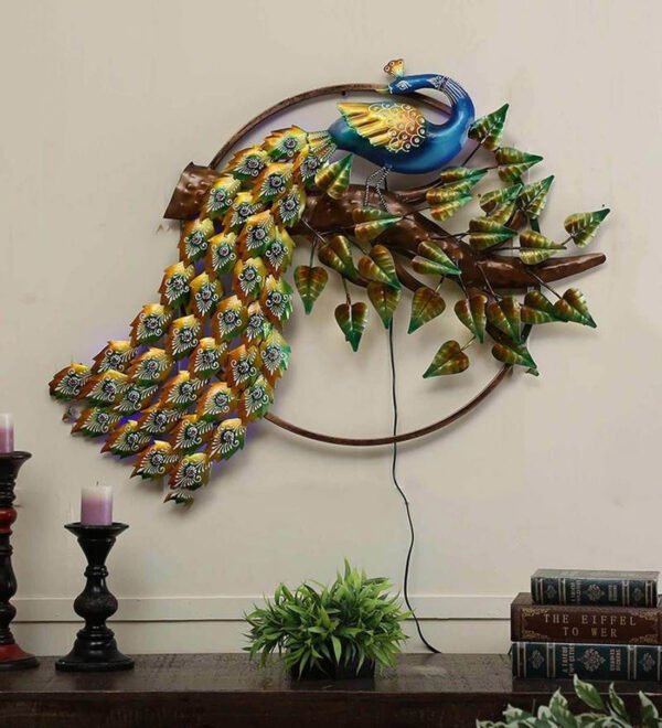 Metal Peacock Wall Art In Multicolour With LED