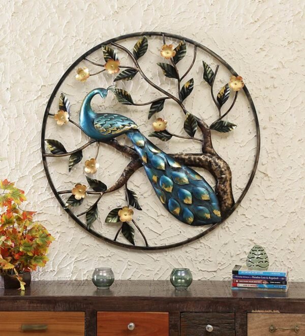 Multicolour iron round peacock wall art by Kraphy