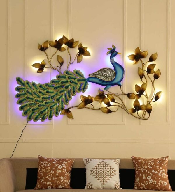 Iron Peacock Wall Art With LED In Blue By Kraphy