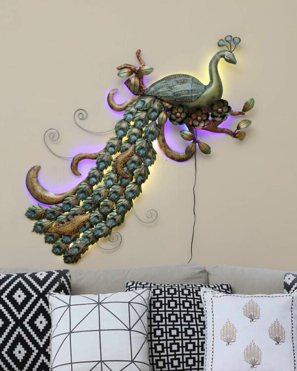 Multicolor Iron Peacock Wall Art With LED